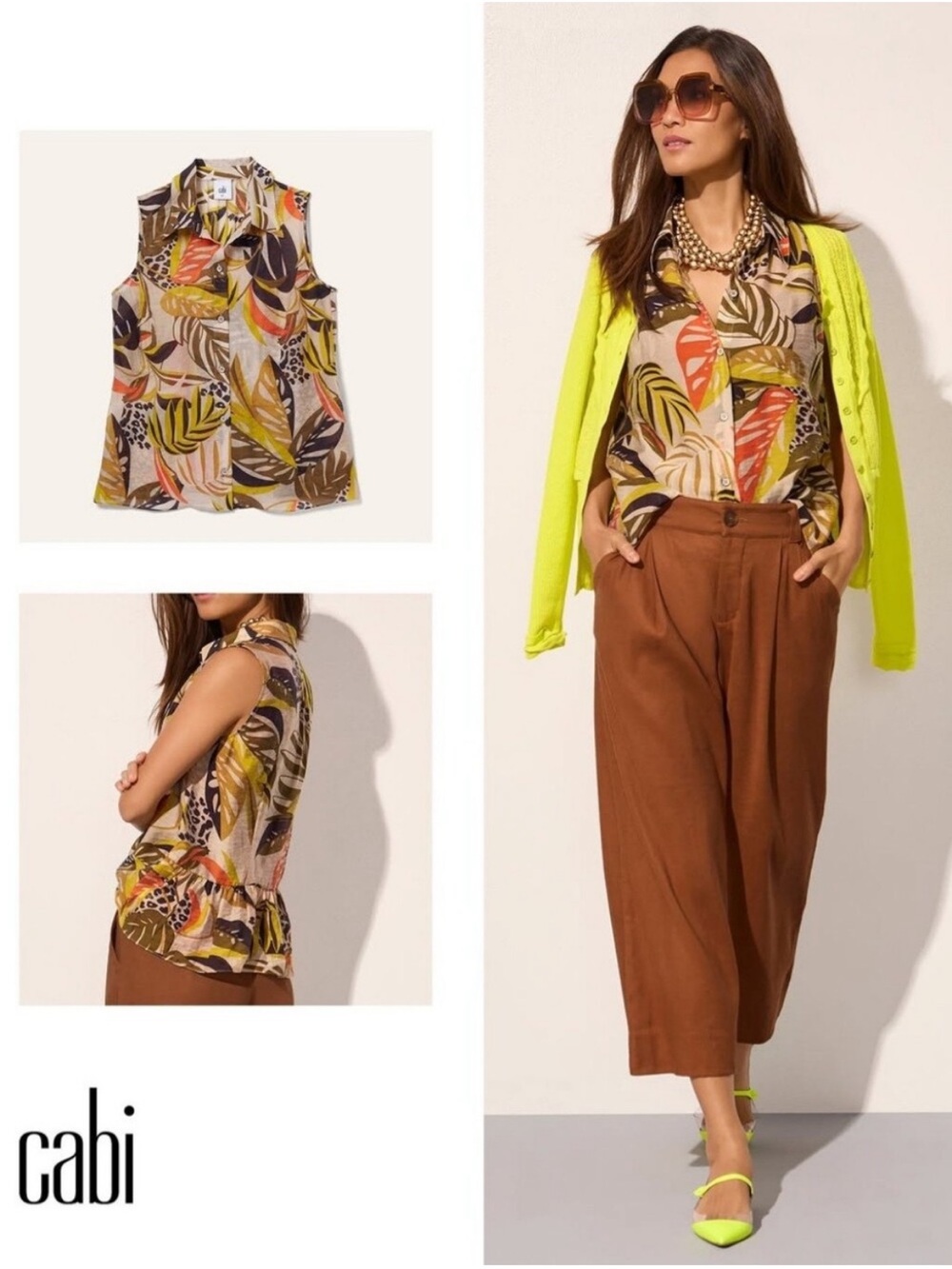 Cabi #6601 Bali Top Tropical Print Sleeveless Button-Front Blouse in Multi Size